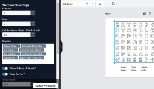 Editor with grid, direction and cell-size settings beside a coloring word search