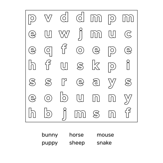 Unsolved lowercase puzzle in the thick outline coloring font with its word list
