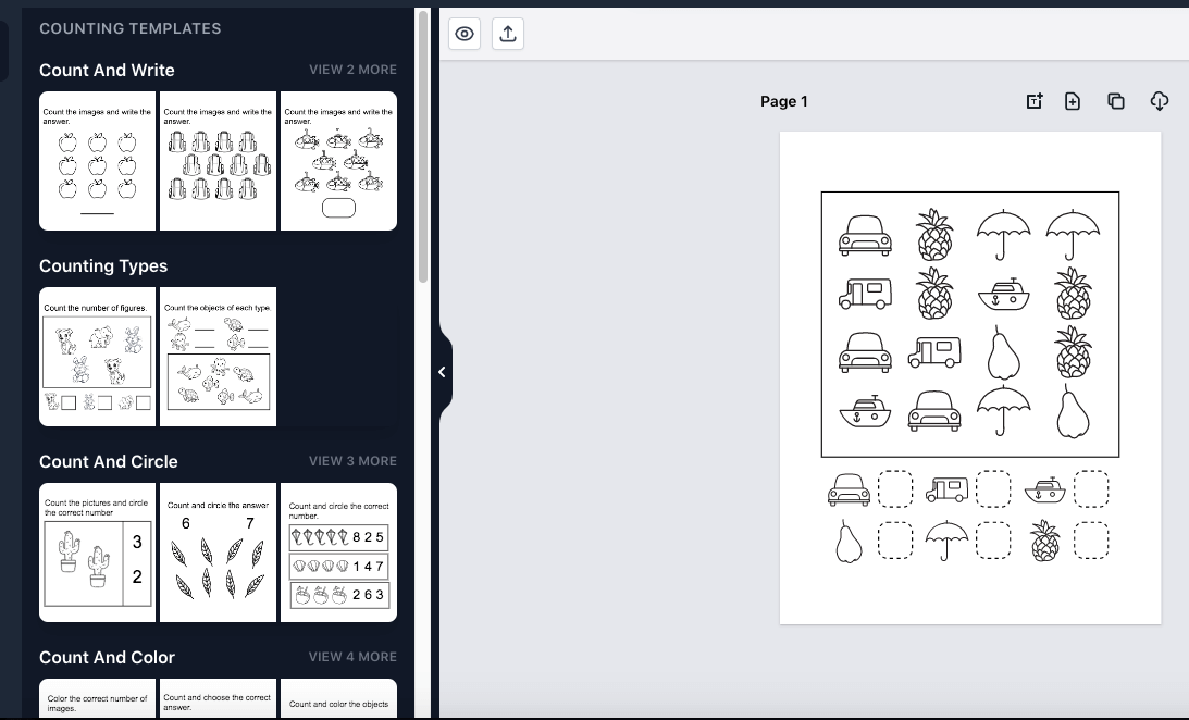 Counting app editor with template list beside a live worksheet canvas