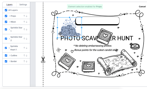 Coupon editor with layers panel and element selection on an illustrated page