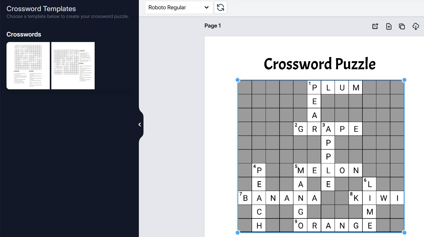 Crossword app interface with template picker beside a puzzle being edited on the canvas