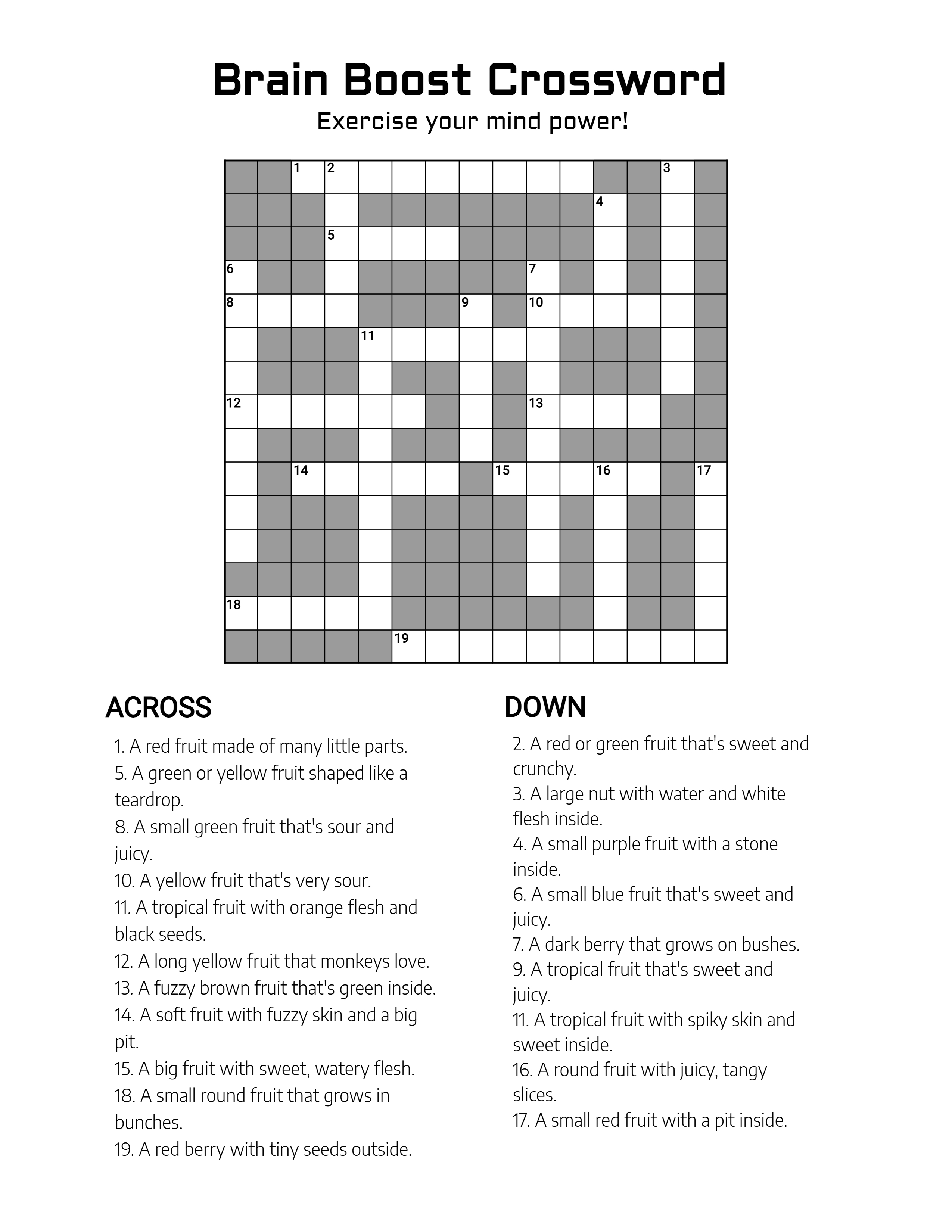 Brain Boost crossword page with a large empty grid above its clue lists