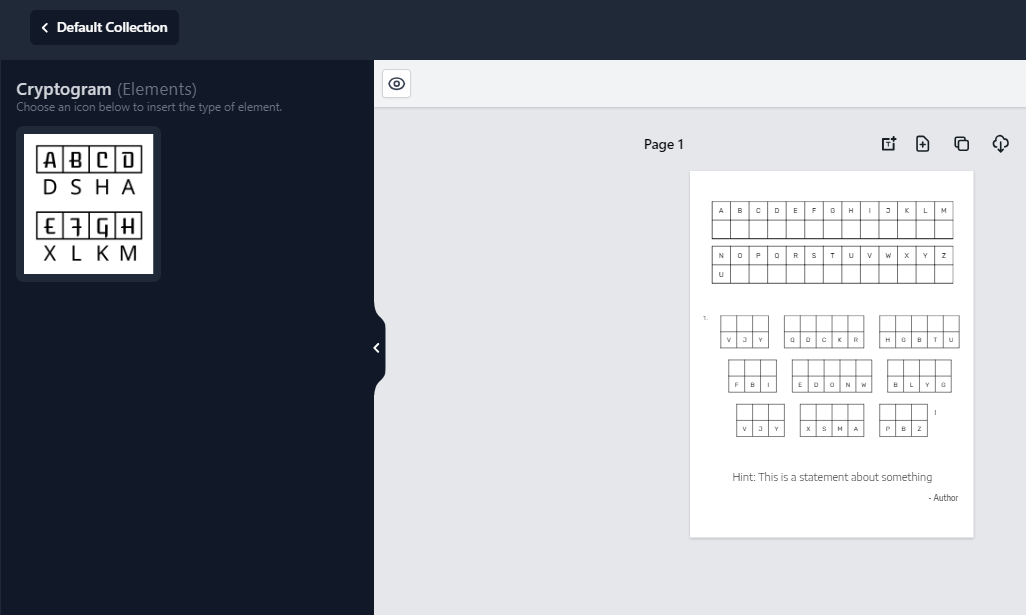 Cryptogram editor with element palette beside a live puzzle page on the canvas