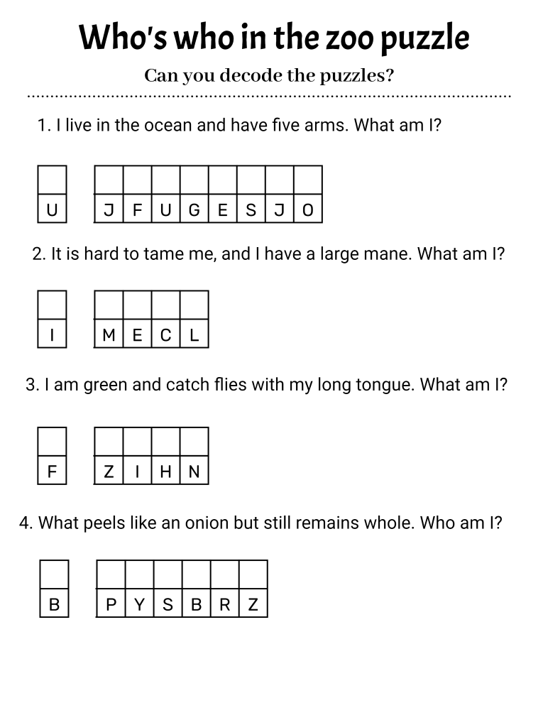 Animal riddle cryptogram worksheet with four coded answers for young solvers
