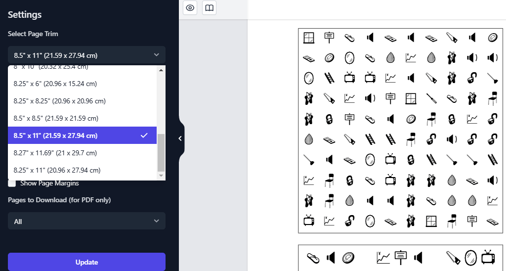 App settings panel with page-size options beside an icon puzzle canvas