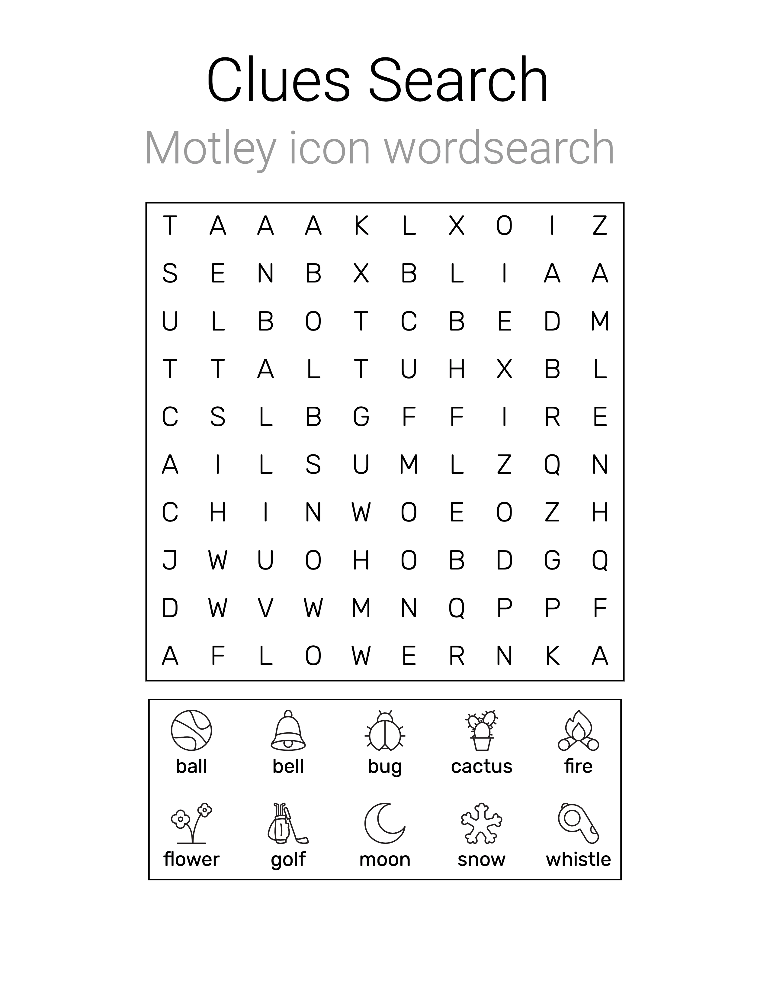 Word search with picture clues naming ball, bell, bug and other hidden words