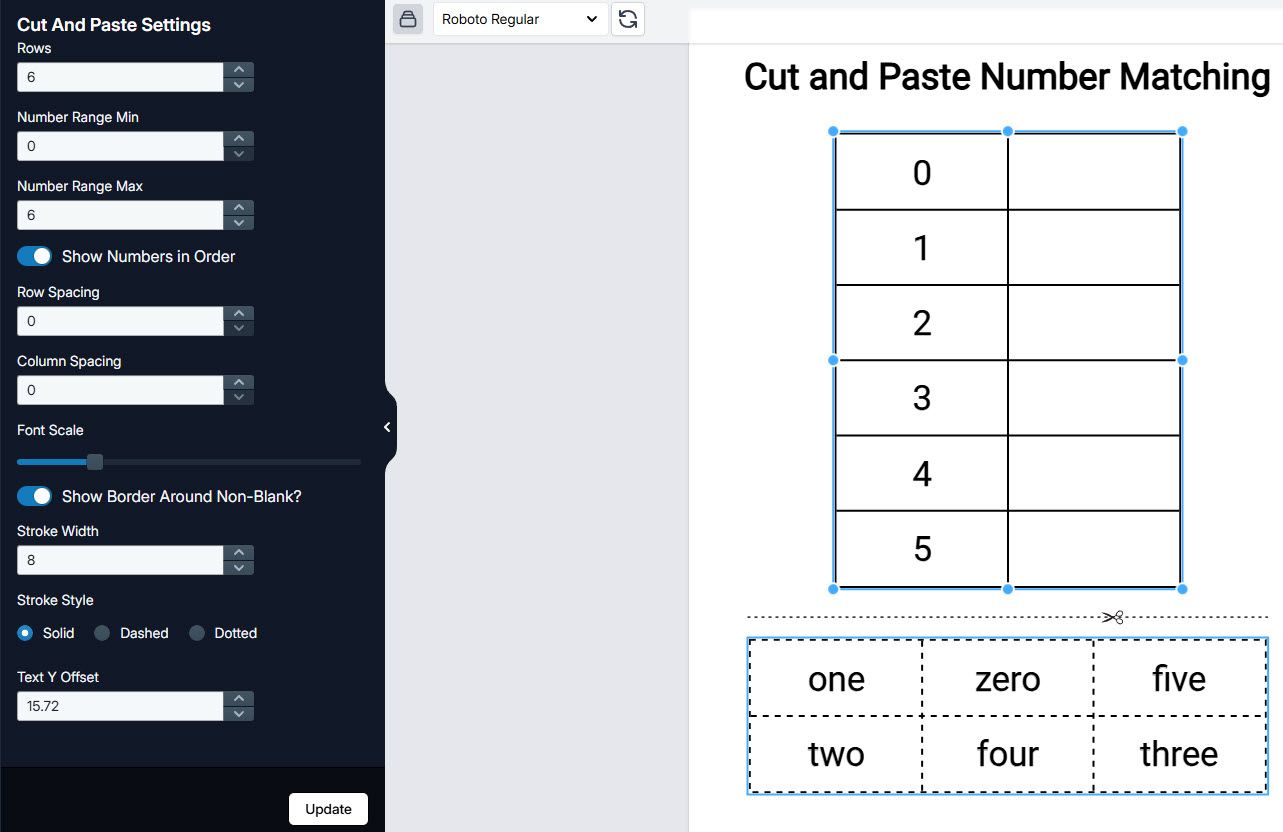App editor with cut and paste settings beside a number-matching worksheet canvas