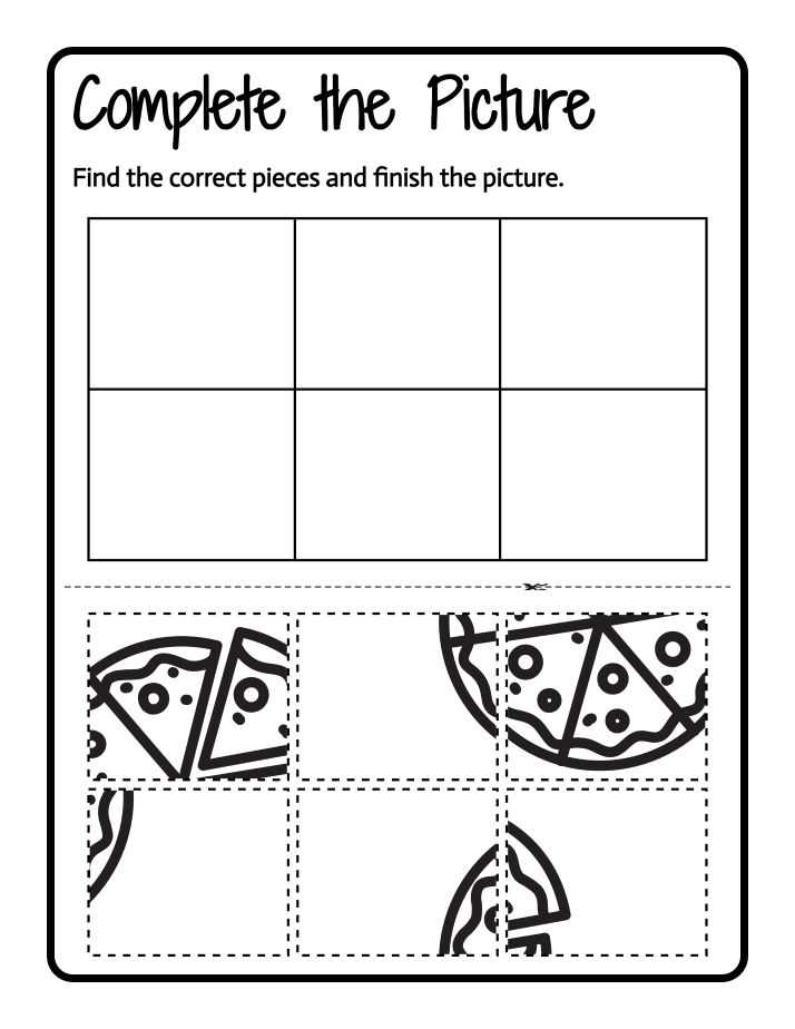 Complete-the-picture activity where students assemble a pizza from cut-out pieces