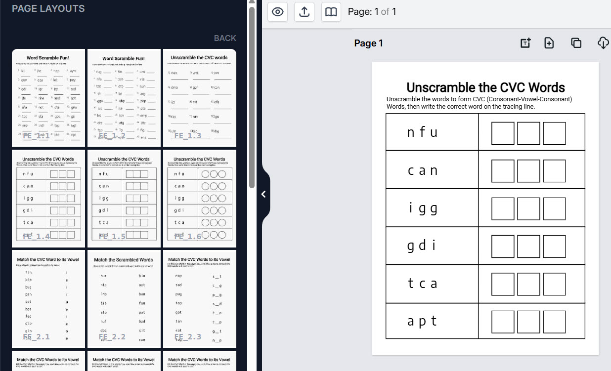 App editor with the page-layout picker beside an unscramble worksheet on the canvas