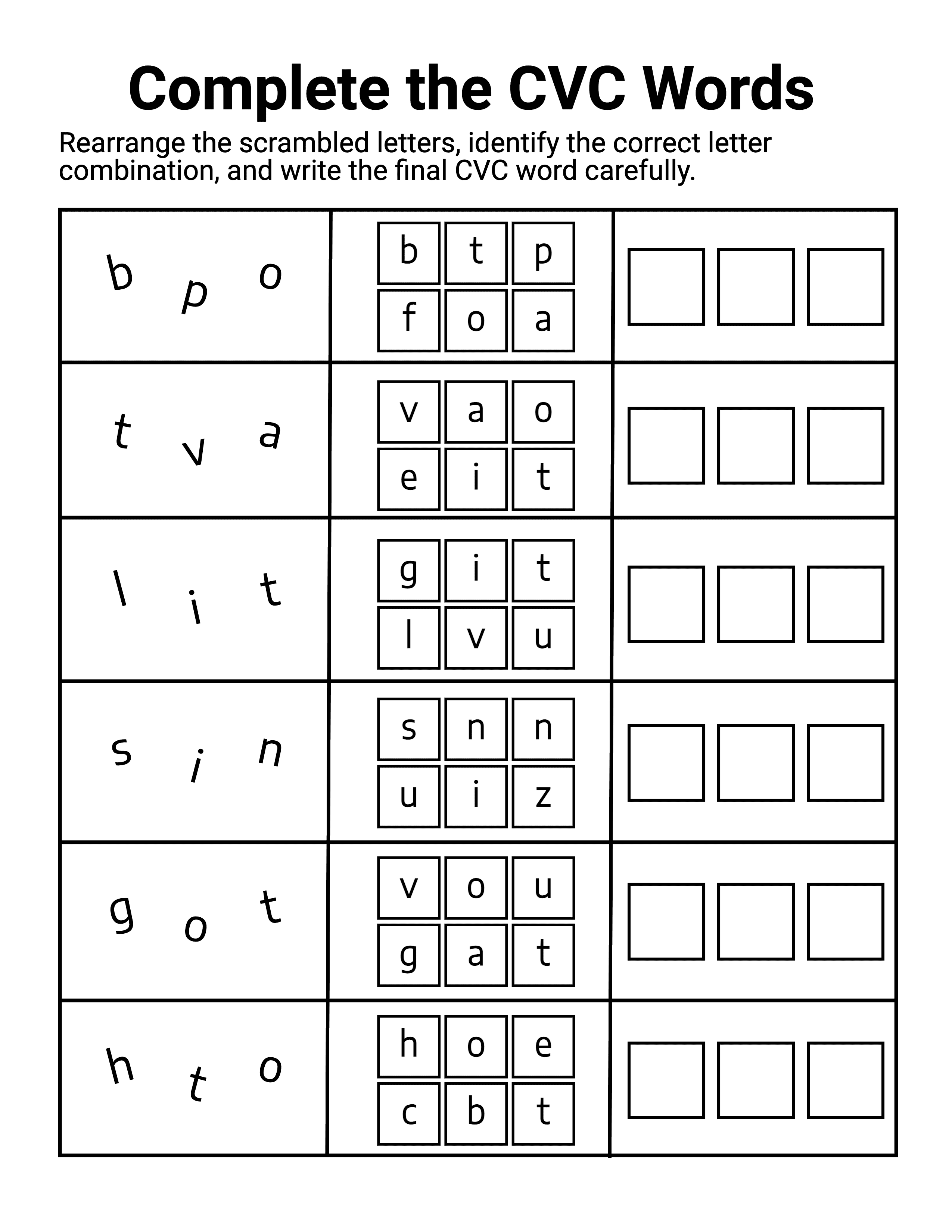 Complete-the-CVC-words worksheet with scrambled letters, letter choices and answer boxes