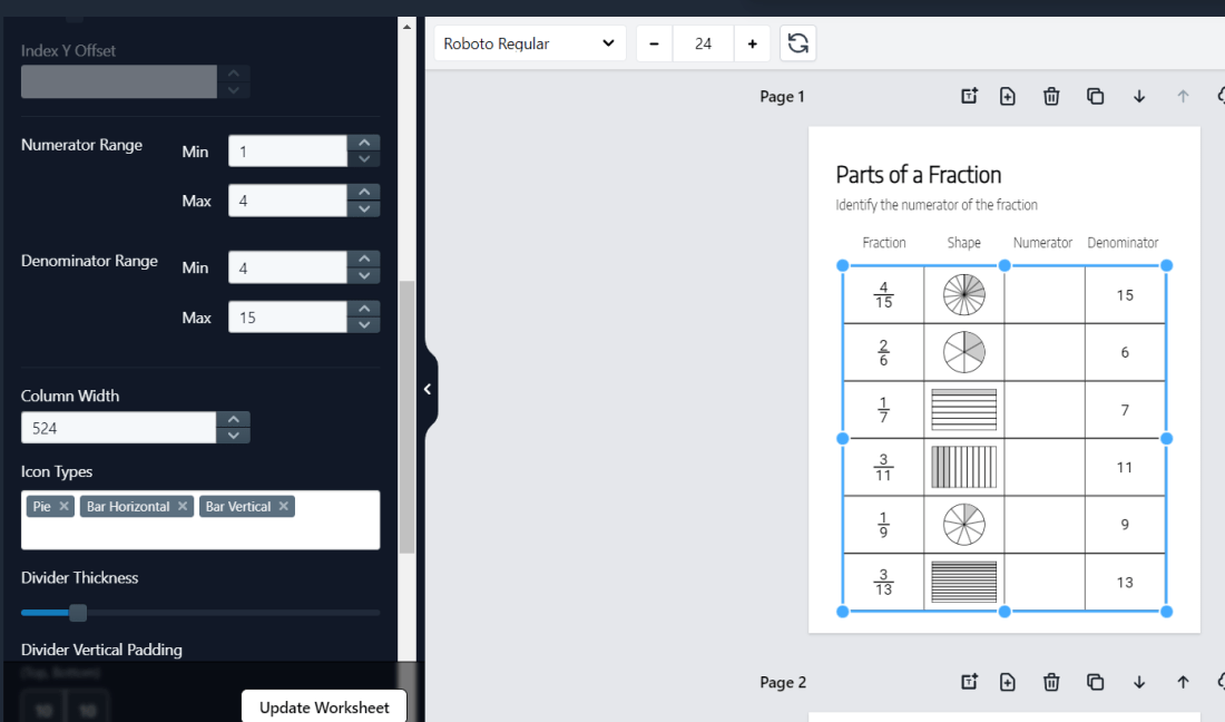 Fraction app editor with numerator, denominator and icon-type controls beside a live worksheet