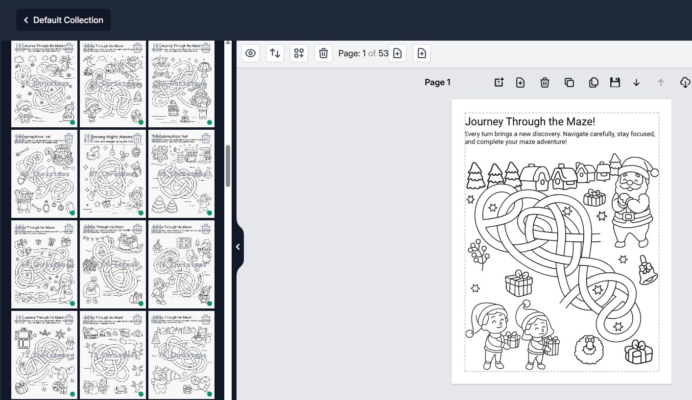 Maze app interface showing a themed layout library beside a Christmas maze page