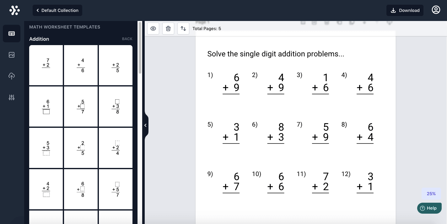 Math worksheet editor with addition templates beside a live worksheet page