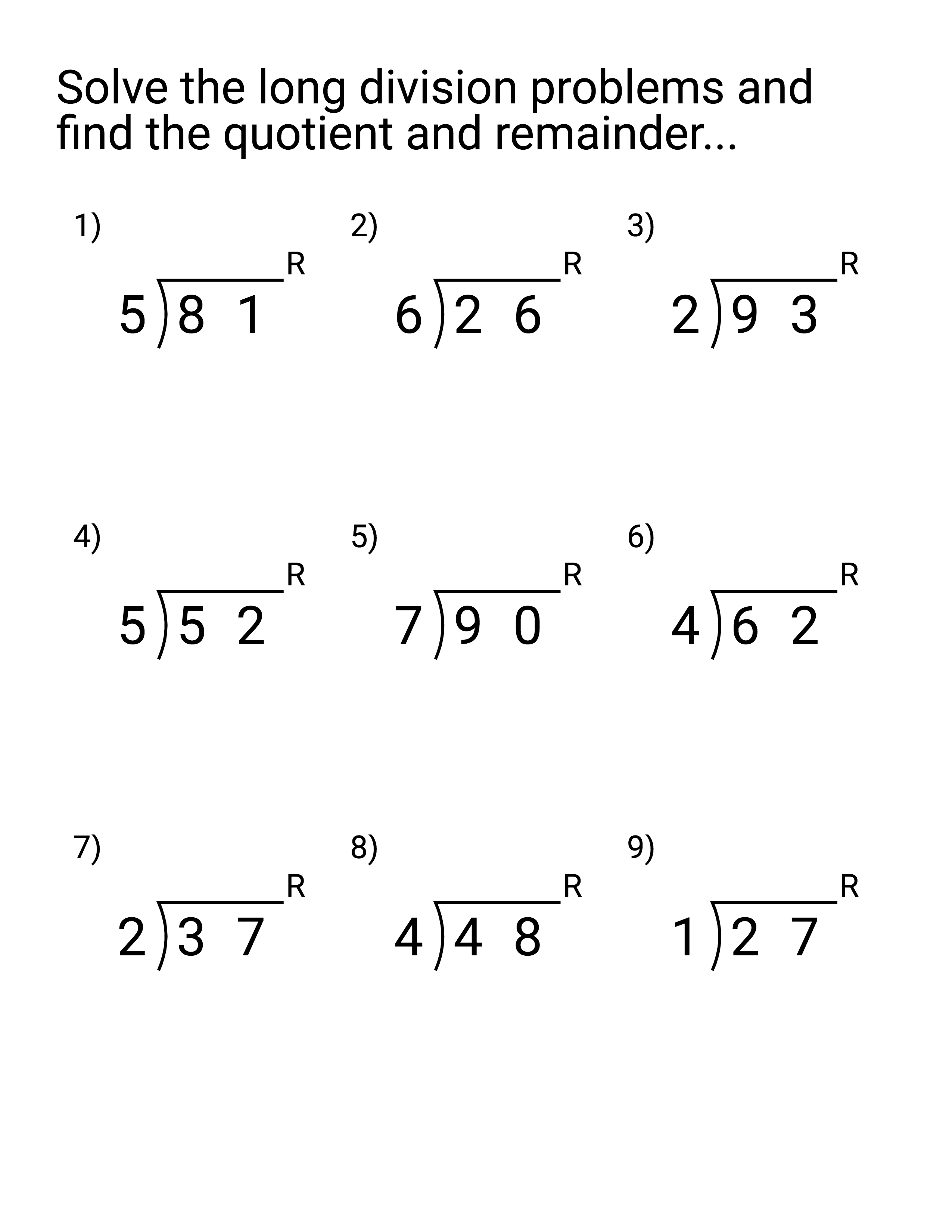 Long division worksheet asking for quotient and remainder of two-digit problems