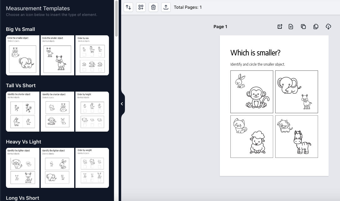 Measurement app editor with template picker beside a which-is-smaller worksheet canvas