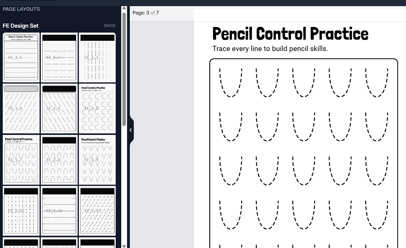 Pencil Control app interface with the worksheet-type picker open