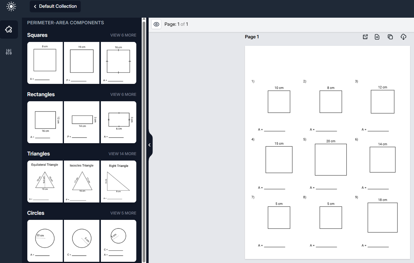 App interface with the shape component palette beside a square worksheet canvas