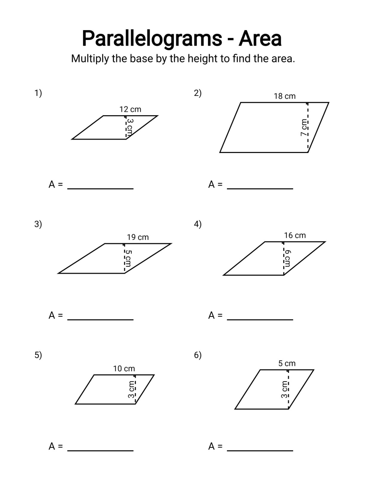 Parallelogram area worksheet with six base-and-height figures to solve