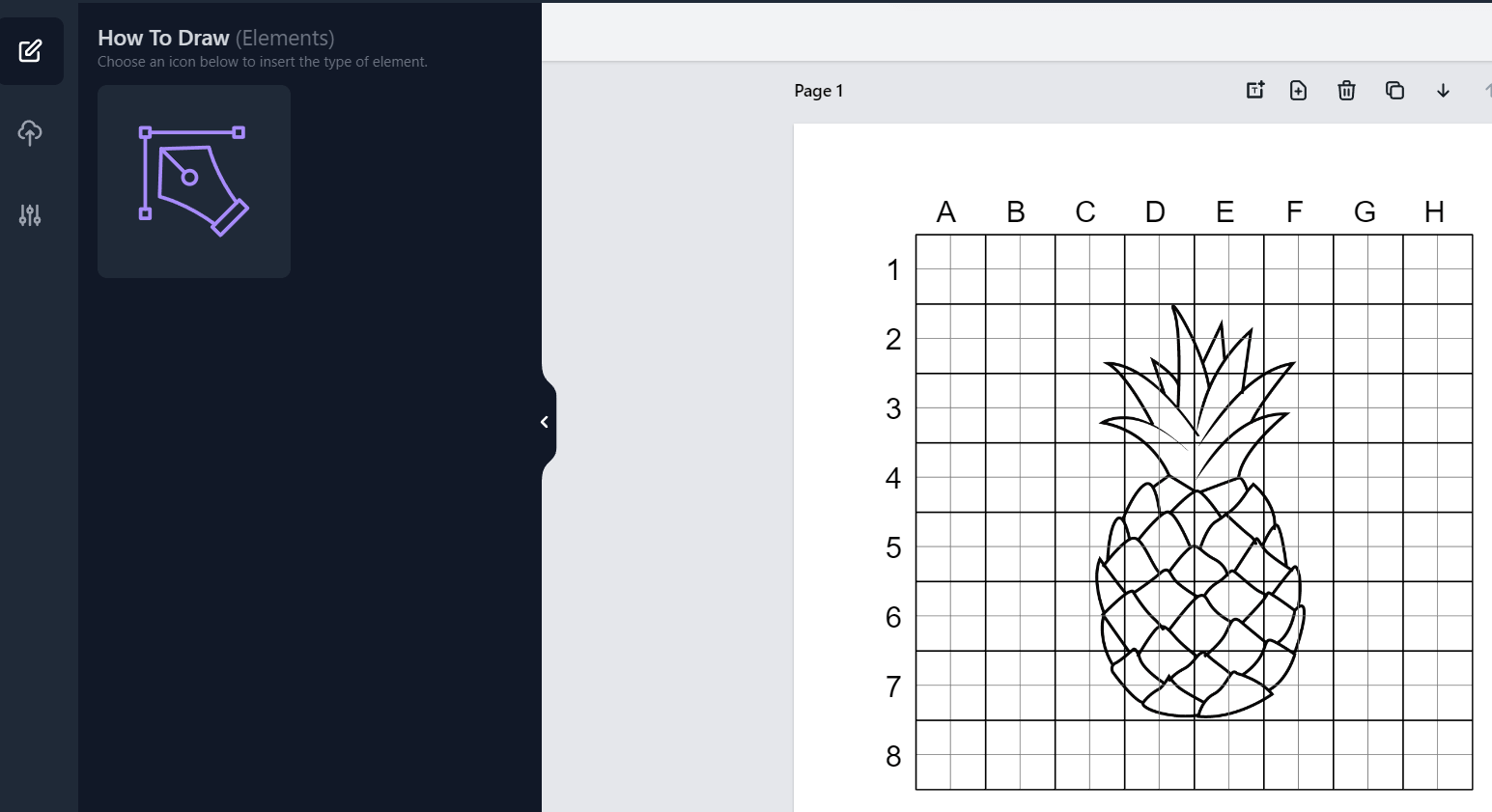App interface with a pineapple drawing placed on the grid canvas