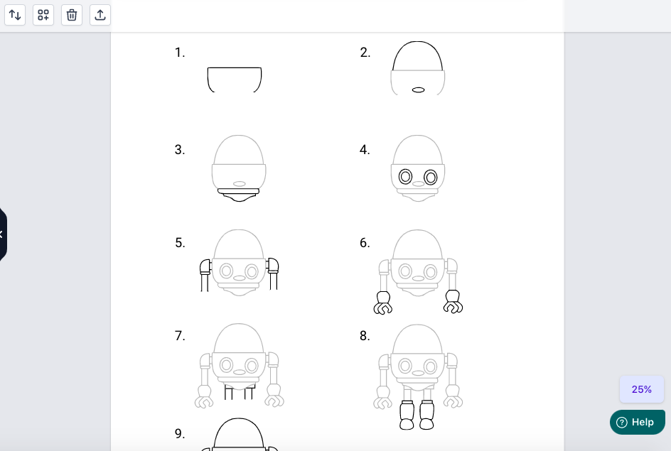 Nine-step robot drawing tutorial page generated inside the app