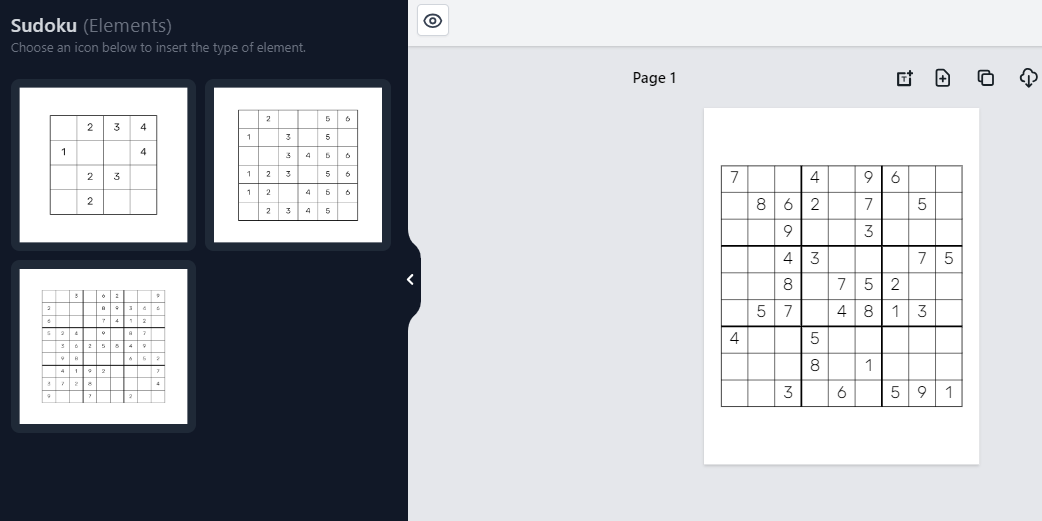 Sudoku app interface with 4×4, 6×6 and 9×9 module picker beside a live puzzle page