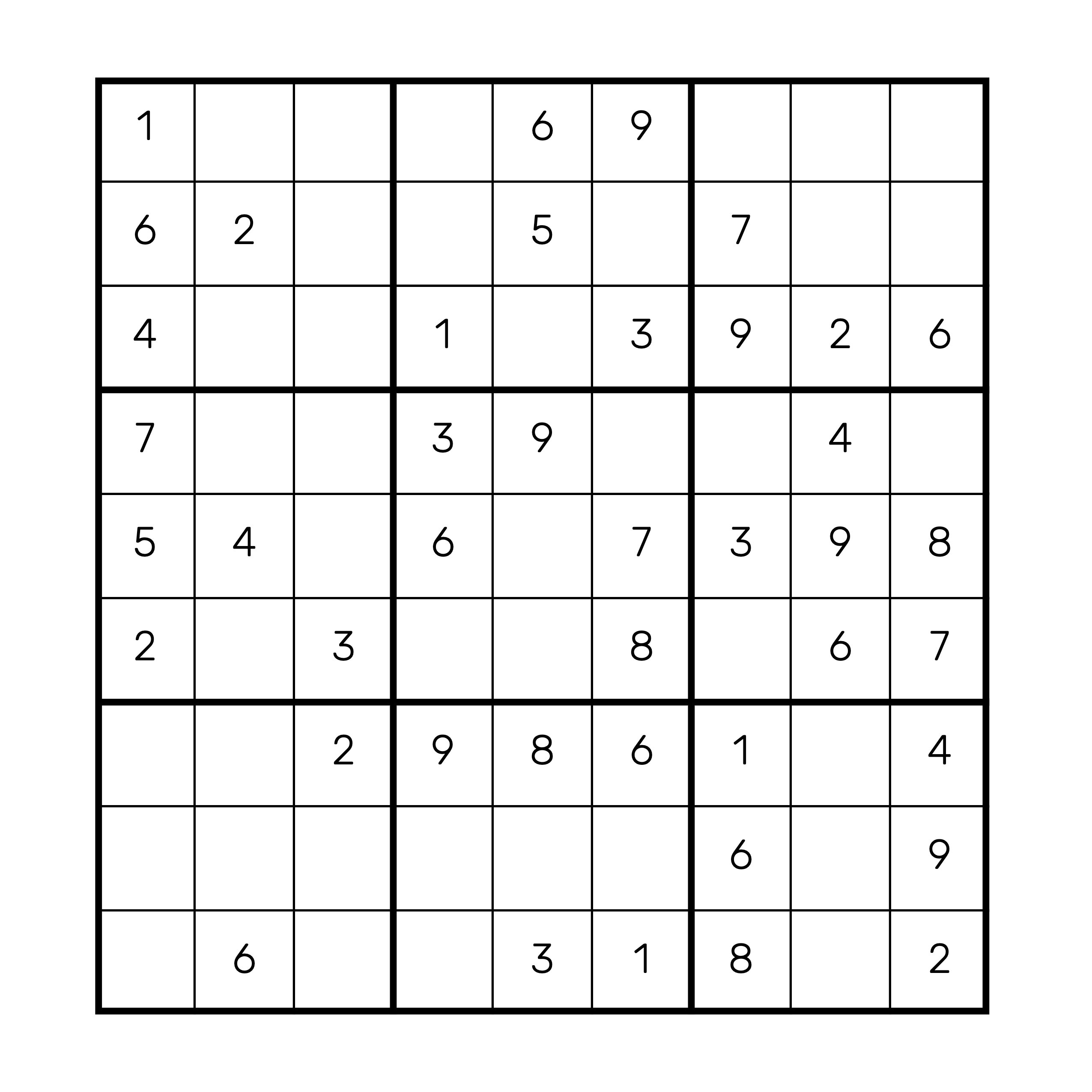 Standard nine-by-nine sudoku puzzle with bold three-by-three boxes