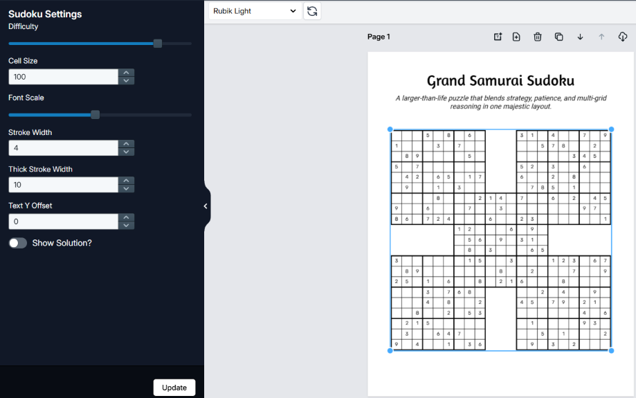 Sudoku editor with difficulty slider beside a Grand Samurai Sudoku page on the canvas