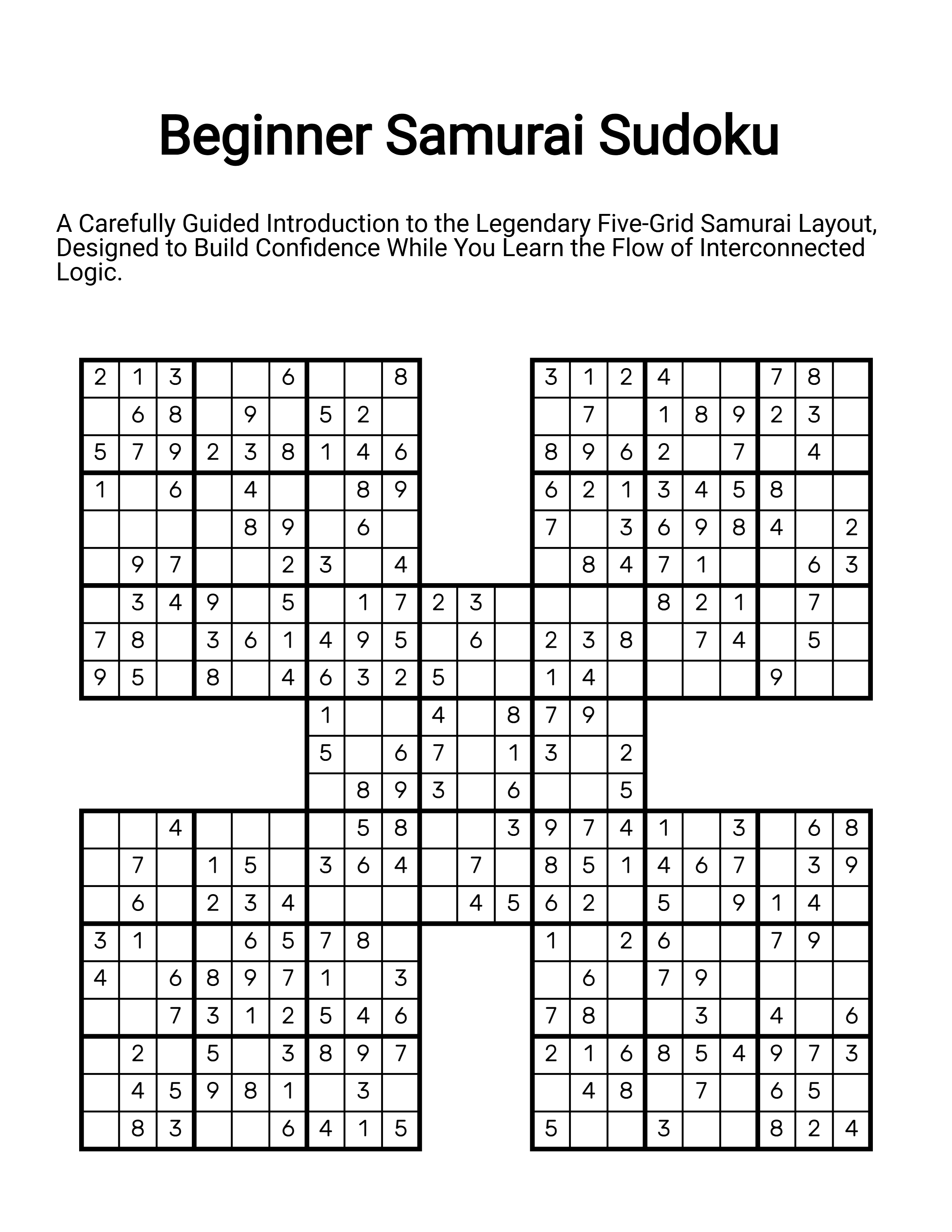 Samurai Sudoku puzzle page with five overlapping 9×9 grids in a cross arrangement