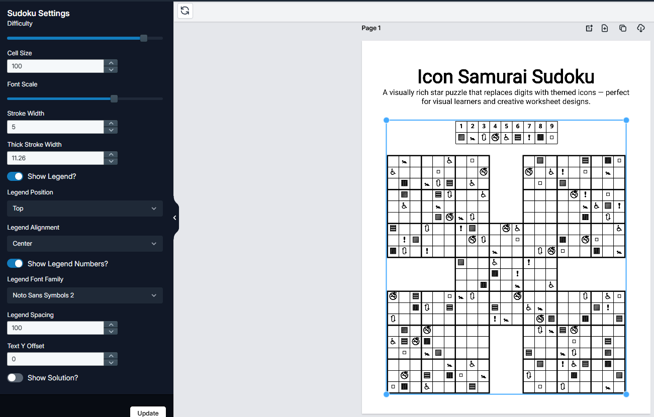 Sudoku settings panel with difficulty slider beside an icon Samurai puzzle canvas