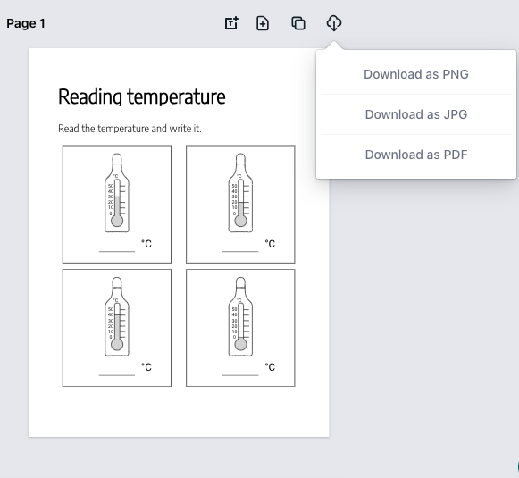 App canvas showing a four-thermometer worksheet page with the export menu open