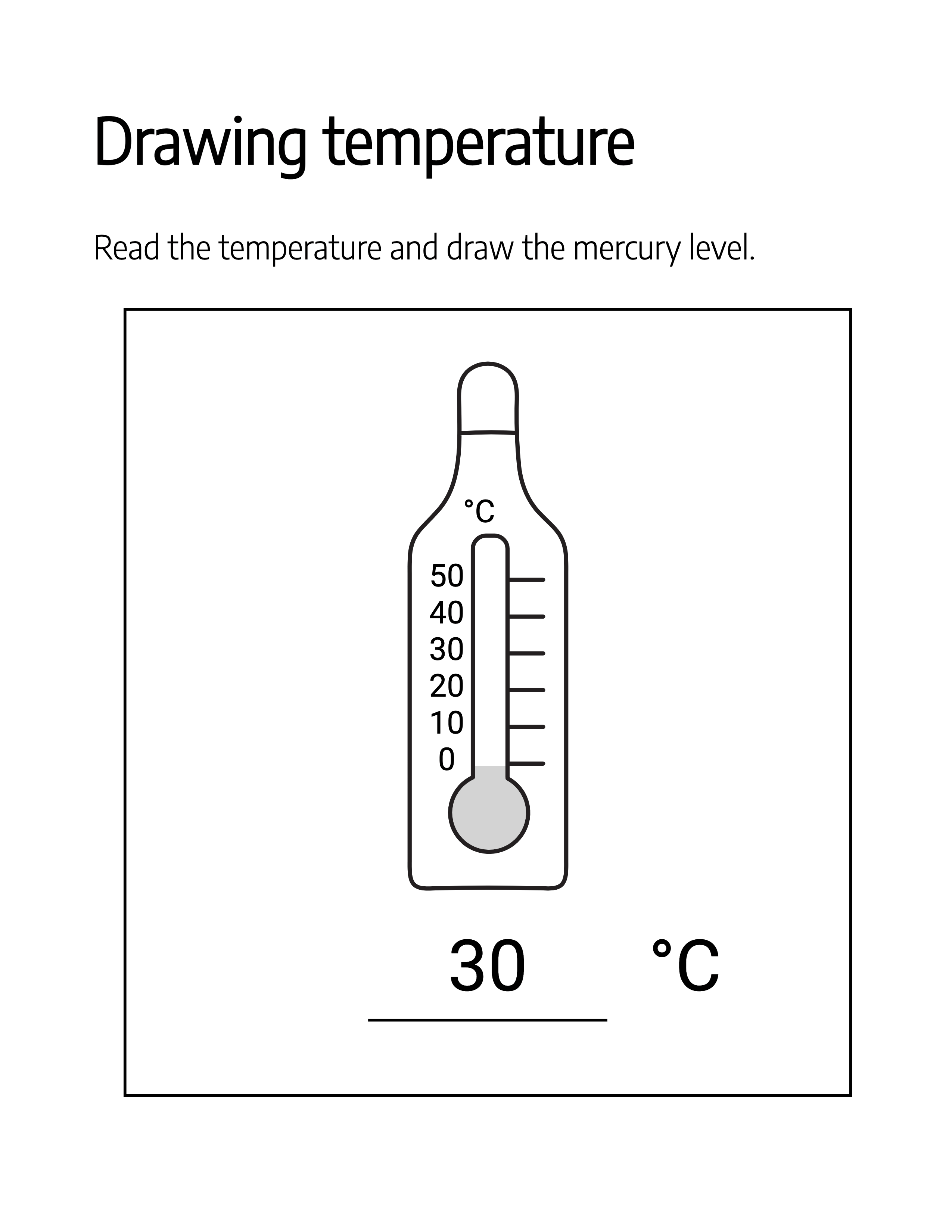 Drawing-temperature worksheet where students draw the mercury level for 30 degrees Celsius
