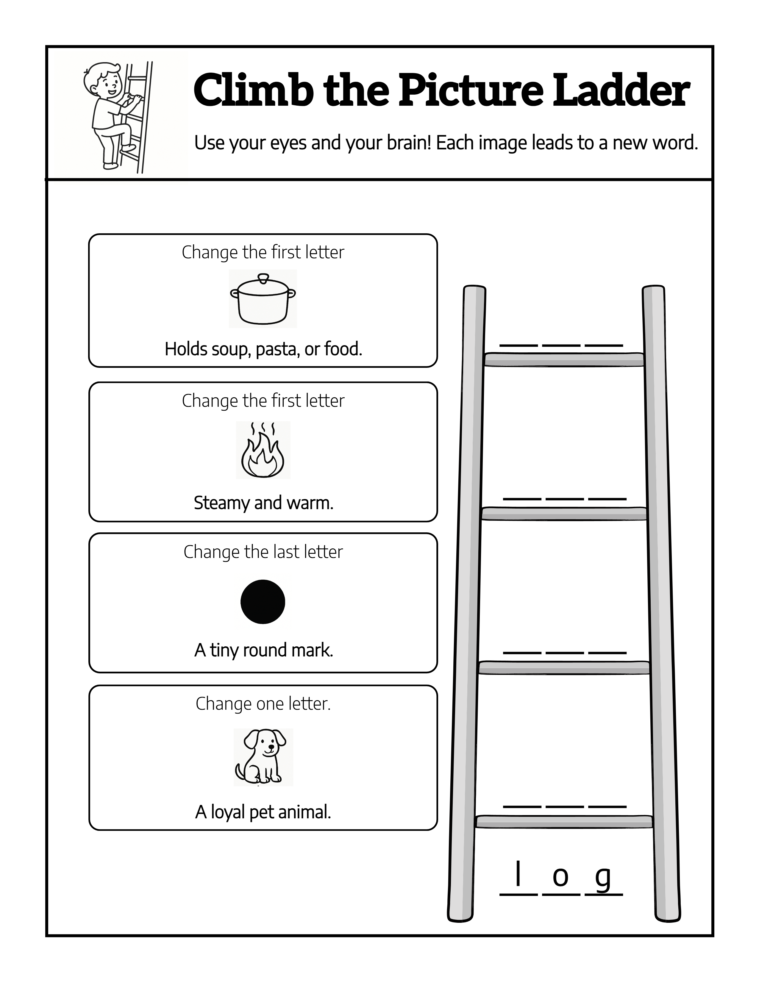 Picture-clue word ladder page climbing rung by rung from the word log