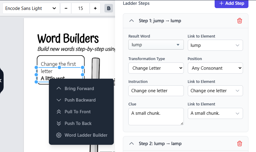 Word ladder builder panel defining each step's transformation, instruction and clue