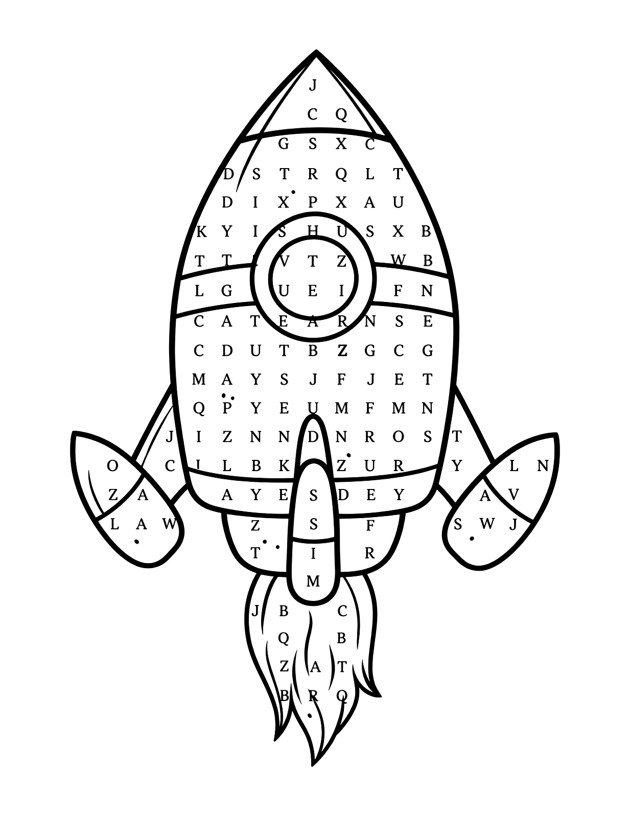 Word-search puzzle shaped like a rocket ship