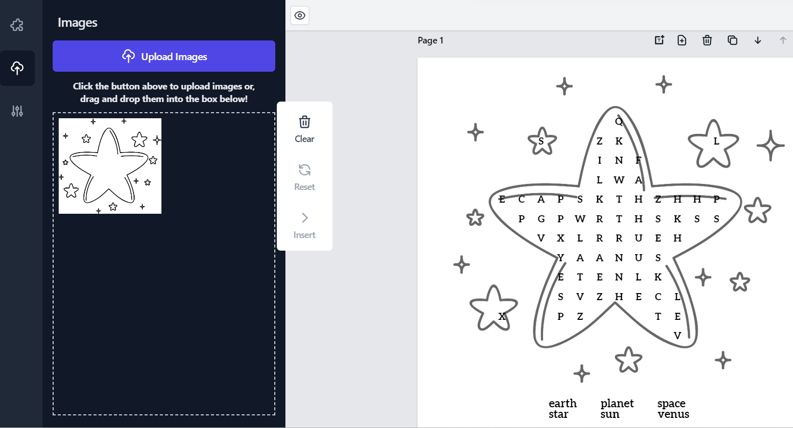 Shape Word Search editor building a star-shaped puzzle from an uploaded star image