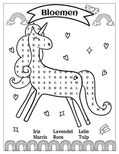 Finished Dutch puzzle page with unicorn-shaped letter grid, title banner and word list