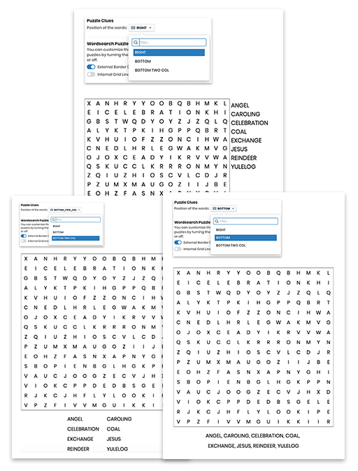 Three finished word-search puzzles showing different clue placements