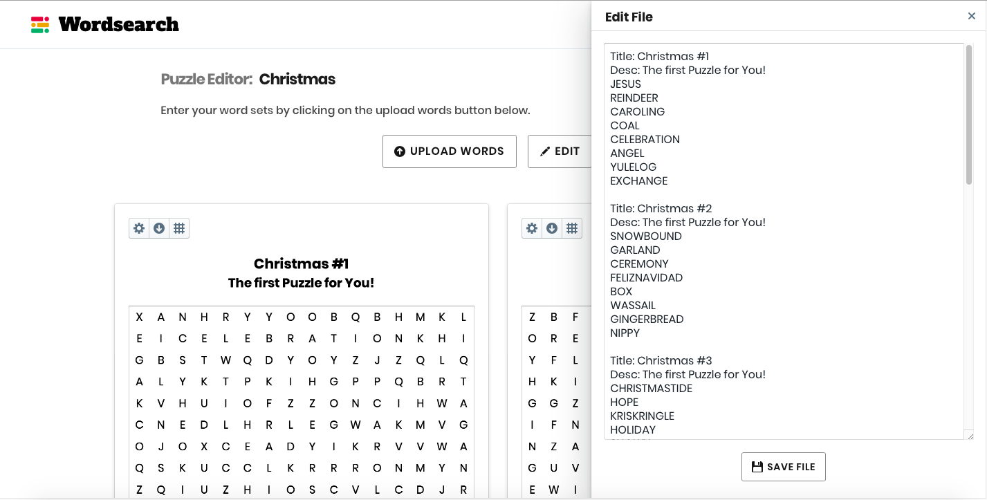 Word-search editor with generated puzzle grids and an editable word list