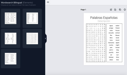Bilingual word search editor with five page-layout thumbnails beside a Spanish puzzle canvas