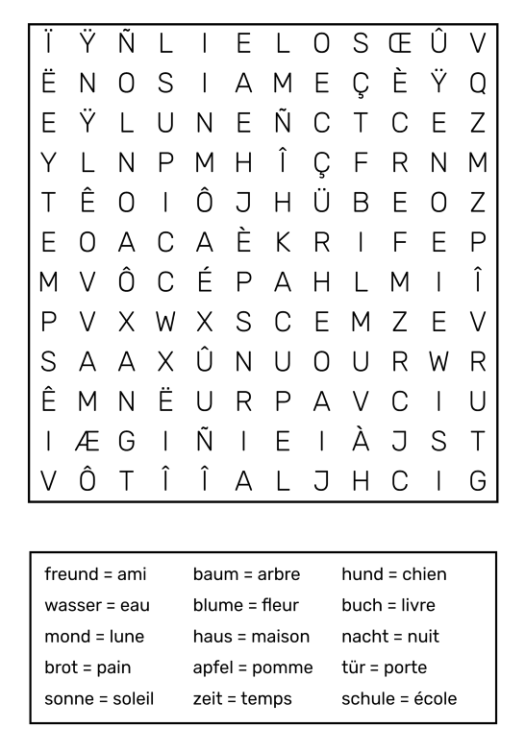 German-French word search with accented letters in the grid and translation-pair clues